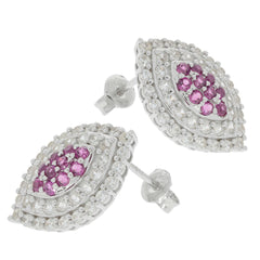Elegantly designed silver earrings with pink gemstones, featuring a stunning marquise shape and intricate detailing.