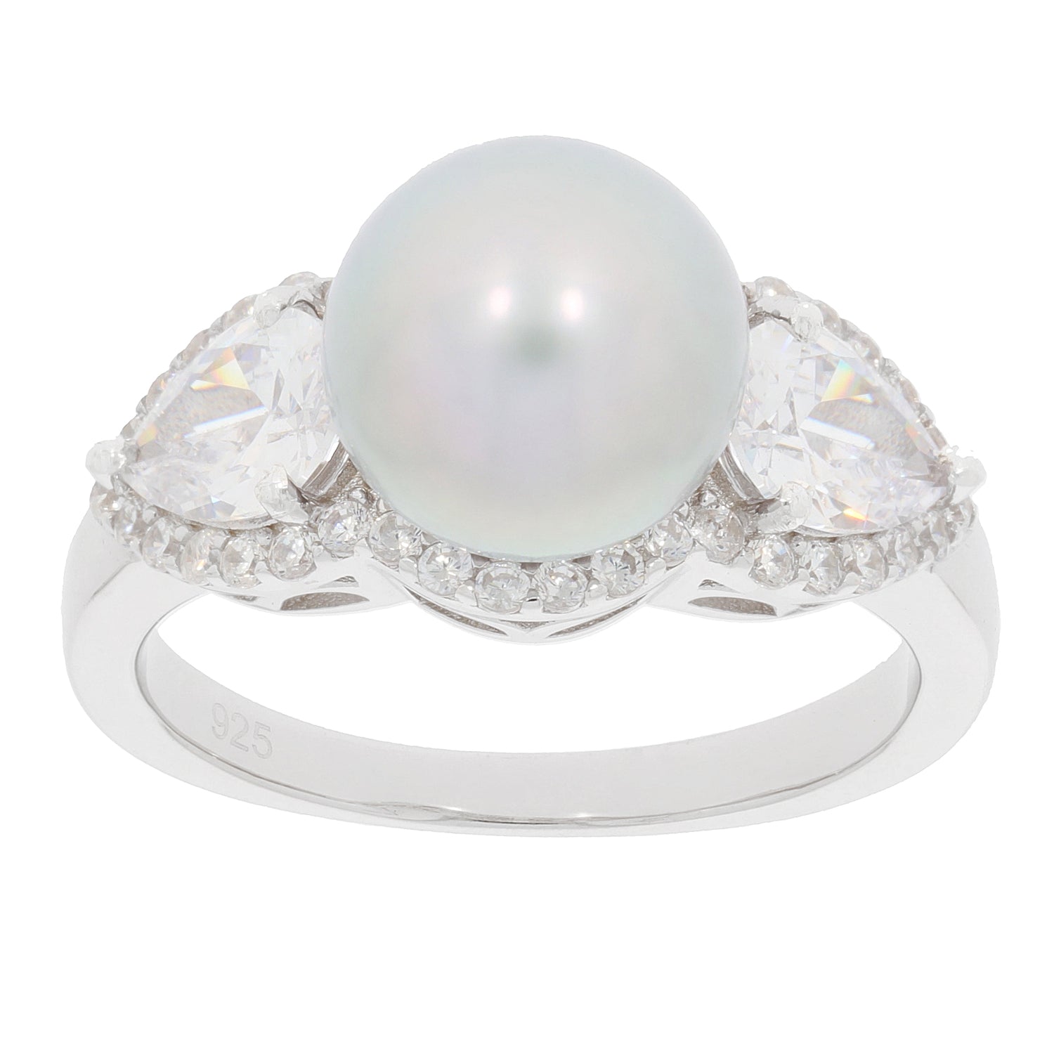 Elegant white pearl sterling silver ring with sparkling gemstone accents, showcasing timeless beauty and luxury.