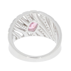 Cushion pink sapphire sterling silver ring with intricate design and Moissanite accent.