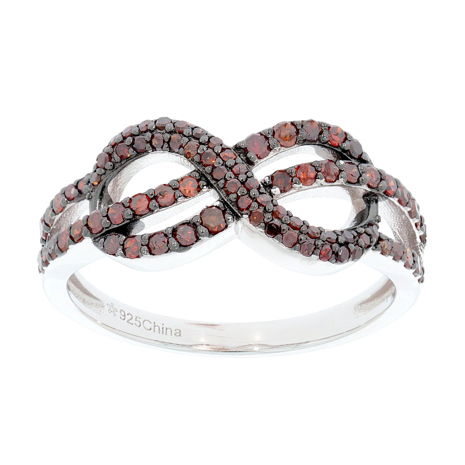 Elegant infinity design ring featuring sparkling red gemstones set in sterling silver.