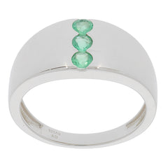 Round green emerald sterling silver ring featuring three accent gemstones for an elegant look.