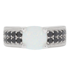 Cushion White Opal Sterling Silver Ring with Diamond Accent, showcasing elegant design and luxurious gemstones.