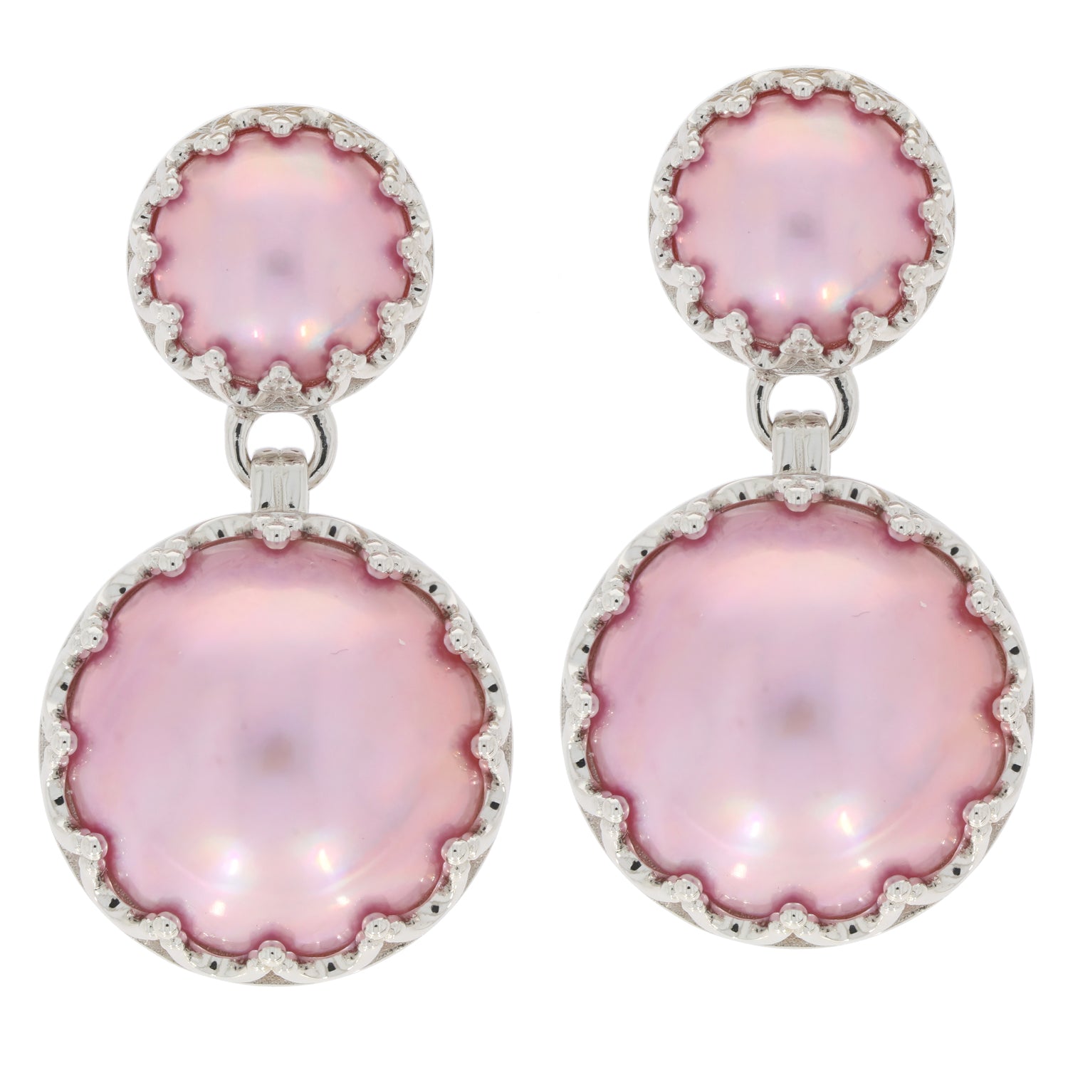Round pink pearl sterling silver earrings with gemstone accents, showcasing elegance and luxury for sophisticated styles.