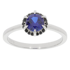 Blue Sapphire sterling silver ring with black accent stones, showcasing a round gemstone in a stunning design.