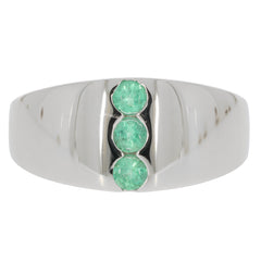 Round green emerald sterling silver ring with three sparkling emerald accents, perfect for elegant occasions.