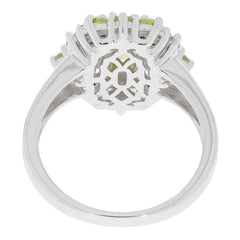 Back view of a Cushion Green Peridot Sterling Silver Ring showcasing intricate detailing and sparkling gemstones.