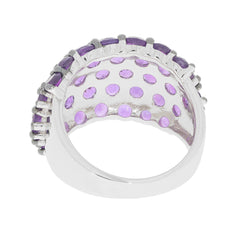 Back view of a luxurious round pink amethyst sterling silver ring with accent stones, showcasing intricate design and sparkling detail.