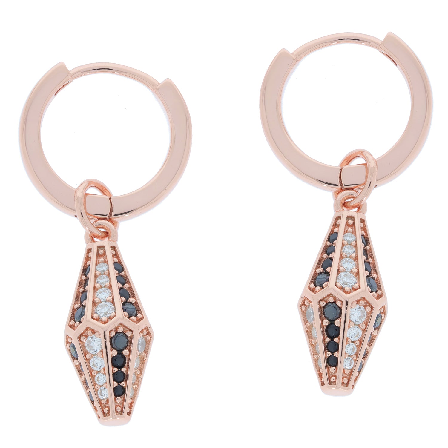 Elegant black diamond sterling silver earrings with diamond accents in a stylish rose gold setting.