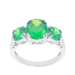 Elegant green garnet sterling silver ring featuring three sparkling gemstones, perfect for sophisticated styles.