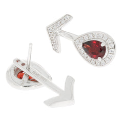 Pear red garnet sterling silver earrings with moissanite accents, designed for elegance and sophistication.