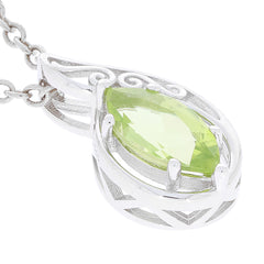 Green Peridot teardrop pendant in sterling silver with intricate design, highlighting its elegance and gemstone brilliance.