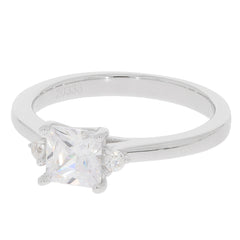 Elegant White Moissanite Sterling Silver Ring with accent stones, featuring a sparkling princess-cut gemstone.