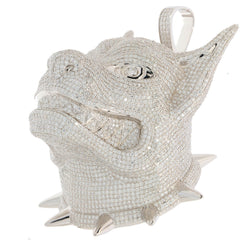 Intricate white diamond and silver pendant featuring a fierce dog head design with detailed embellishments.