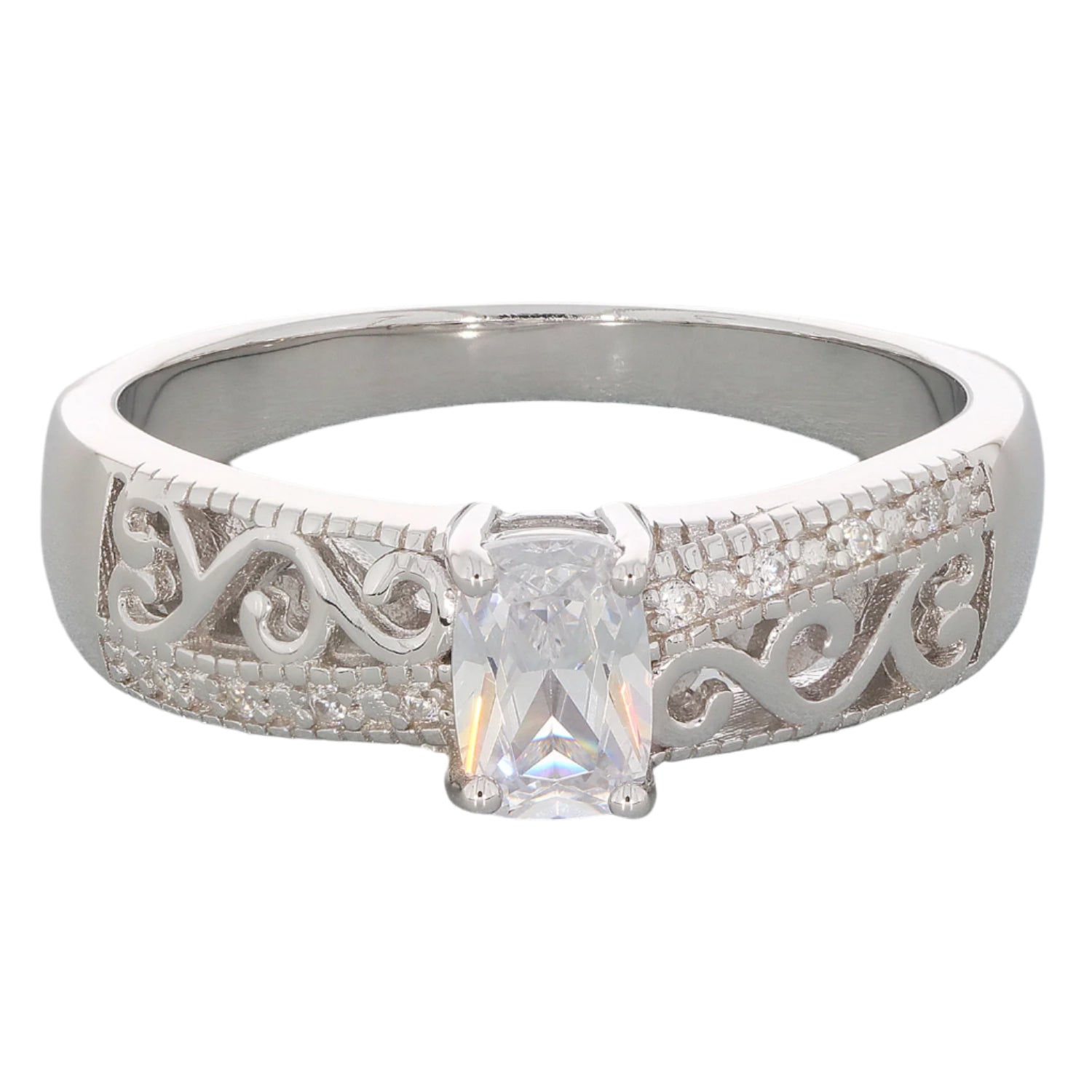 White Moissanite Sterling Silver Ring with intricate design and sparkling accents, perfect for elegant style.