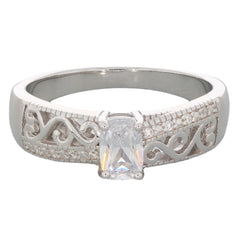 White Moissanite Sterling Silver Ring with intricate design and sparkling accents, perfect for elegant style.