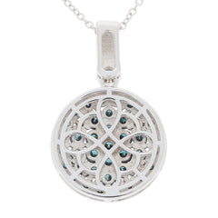 Blue diamond sterling silver pendant featuring intricate openwork design and sparkling blue gemstones.