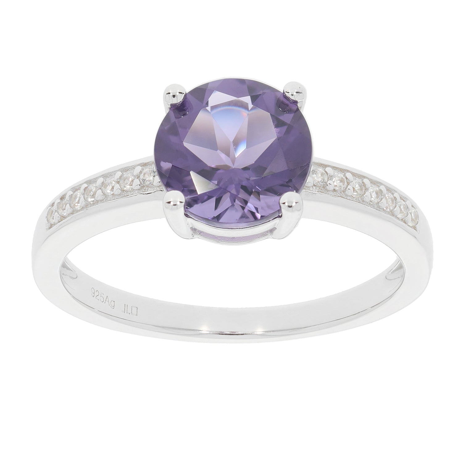 Round purple sapphire sterling silver ring with accent stones, showcasing luxury and elegance.
