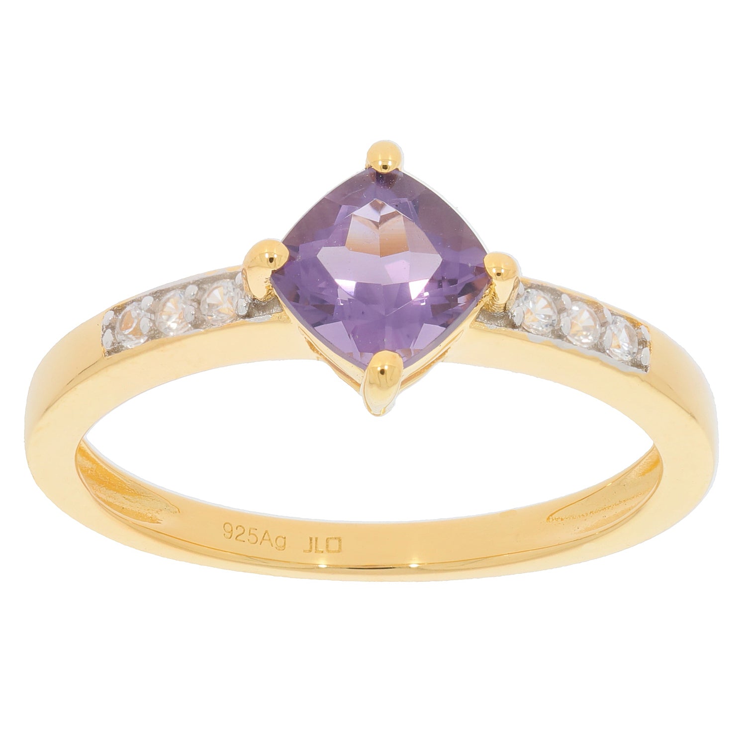 Cushion purple sapphire sterling silver ring with sapphire accent, showcasing elegance and luxury.