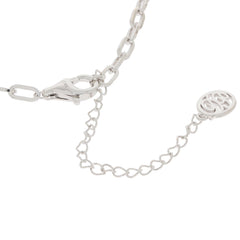 Sterling silver chain clasp and logo detail, showcasing intricate design and quality craftsmanship.