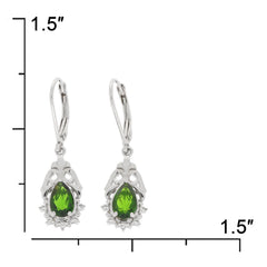 Elegant sterling silver earrings featuring green chrome diopside and diamond accents, measuring 1.5 inches.