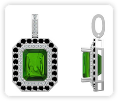 Custom Sterling Silver Semi Mount Pendant Setting Emerald OCT 14.85x11.4mm Double Halo Black Spinel and Moissanite