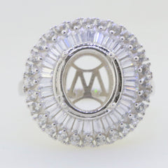 Sterling Silver Semi Mount Ring Setting with Oval Halo and Baguette White Topaz gemstones, made to order.