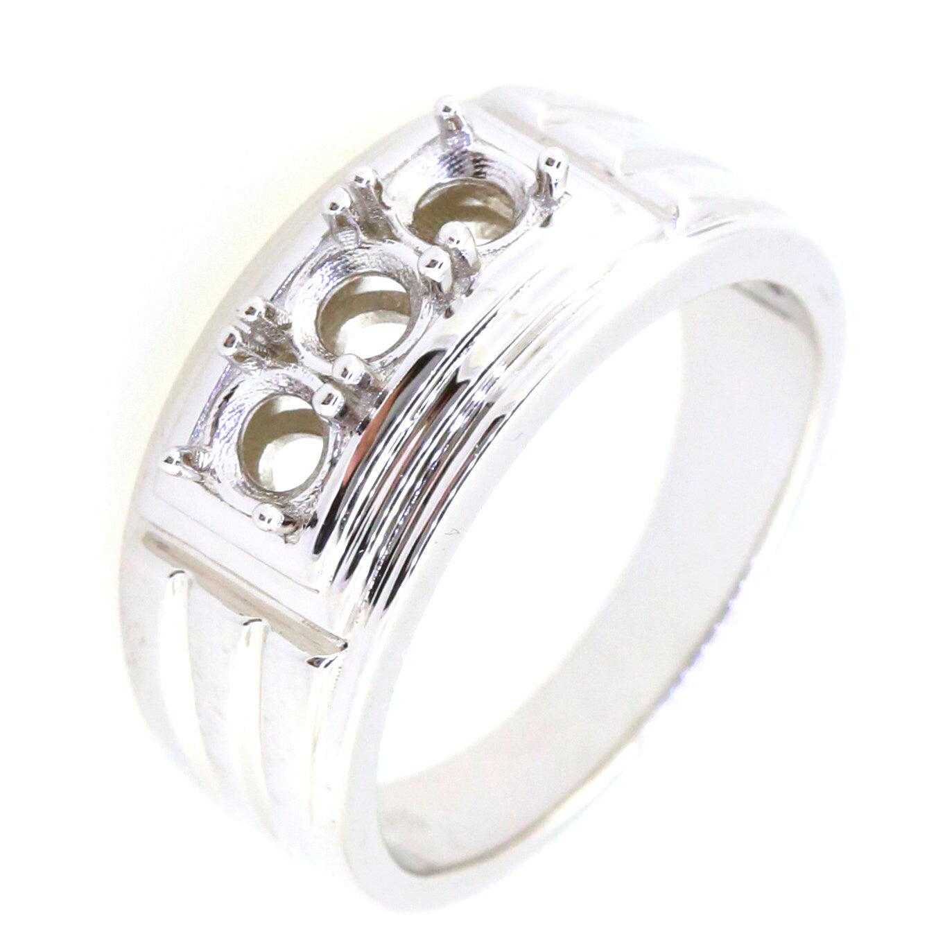 Men's sterling silver semi mount ring setting showcasing 3 stone design, prepared to order for custom sizing.