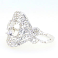 Sterling silver semi mount ring setting with double halo and white topaz, designed for 9x7mm oval gemstones.