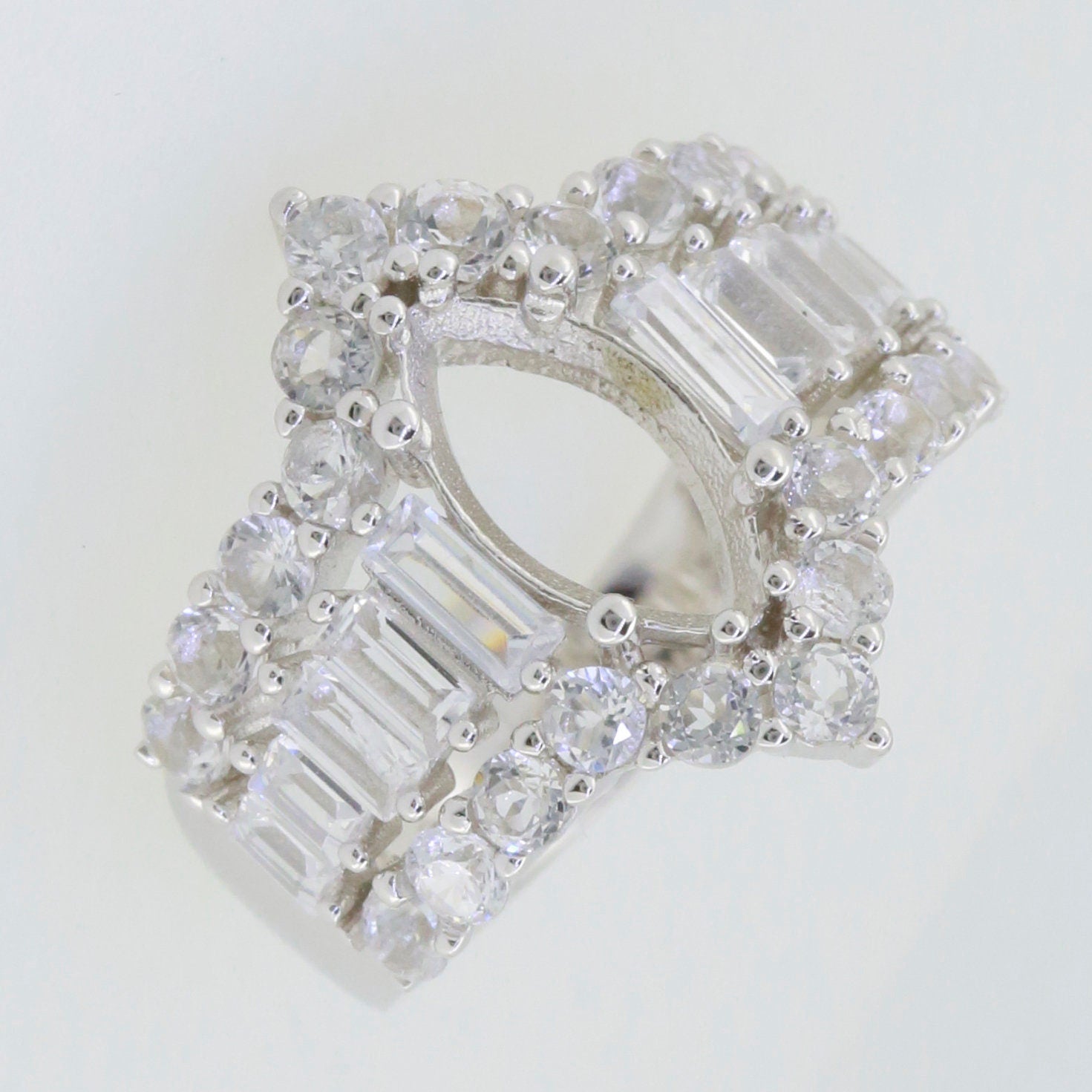 Sterling Silver Semi Mount Ring Setting featuring White Topaz gemstones, designed for custom main gemstone placement.