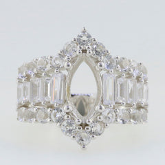 Sterling Silver Semi Mount Ring Setting with White Topaz, marquise design, ready for custom gemstone insertion.