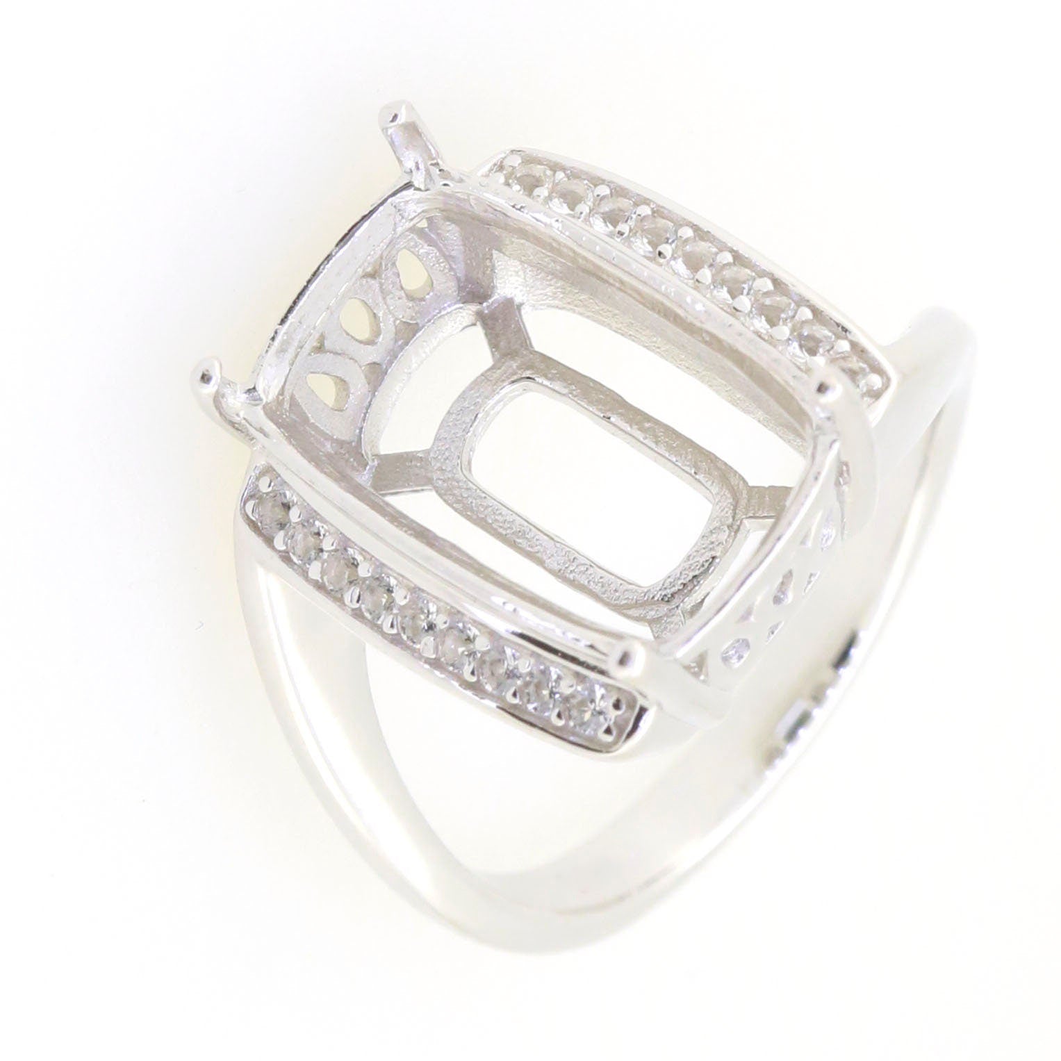 Sterling Silver Semi Mount Ring Setting with White Topaz Bypass Design for Cushion 16x10mm gemstone