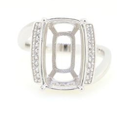 Sterling silver semi mount ring setting with cushion design and white topaz accents, ready for individual gemstone placement.