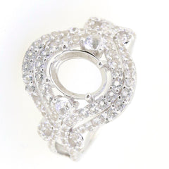 Sterling silver semi mount ring setting with double halo design for 9x7mm oval gemstone, adorned with white topaz.