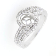 Sterling silver semi mount ring setting with oval 9x7mm halo and white topaz gemstones.
