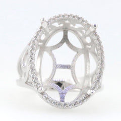 Sterling Silver Semi Mount Ring Setting with Oval Halo for White Topaz, intricate design and adjustable size.