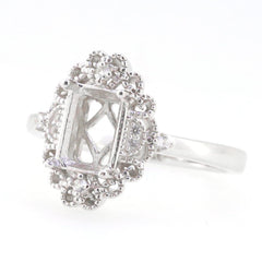 Sterling silver semi mount ring setting with intricate Art Deco design, suitable for 8x6mm emerald gem.