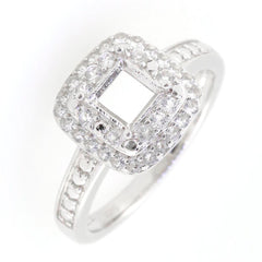 Sterling silver semi mount ring setting featuring a princess square 5x5mm double halo with white topaz accents.