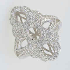 Sterling silver semi mount ring setting with intricate design and multiple stone settings, featuring oval and pear shapes.