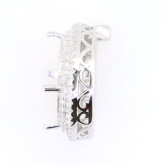 Sterling Silver semi mount pendant setting with round double halo design and white topaz accents, shown from the side.