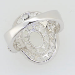 Sterling silver semi mount ring setting with oval 8x6mm slot and twisted shank design for double halo styling.