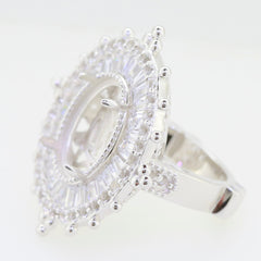 Close-up of a Sterling Silver Semi Mount Ring Setting with intricate details, designed for an oval gemstone.