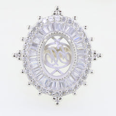 Sterling Silver Semi Mount Ring Setting with Oval Cabochon Gemstone Design, featuring intricate crystal accents.