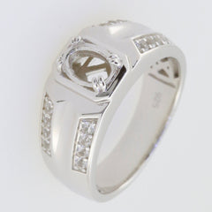 Men's sterling silver semi mount ring setting with oval white topaz stones, designed for customized main gemstone.