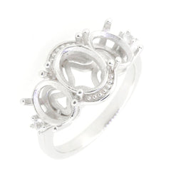 Sterling Silver Semi Mount Ring Setting with Three Stones, features White Topaz, designed for 9x7mm and 7x5mm gemstones.