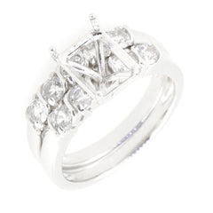 Sterling Silver Semi Mount Ring Setting with White Topaz gemstones for Emerald OCT 9x7mm, custom engagement piece.