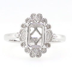 Sterling Silver Semi Mount Ring Setting in Art Deco Style with intricate details, designed for an Emerald OCT 8x6mm gemstone.
