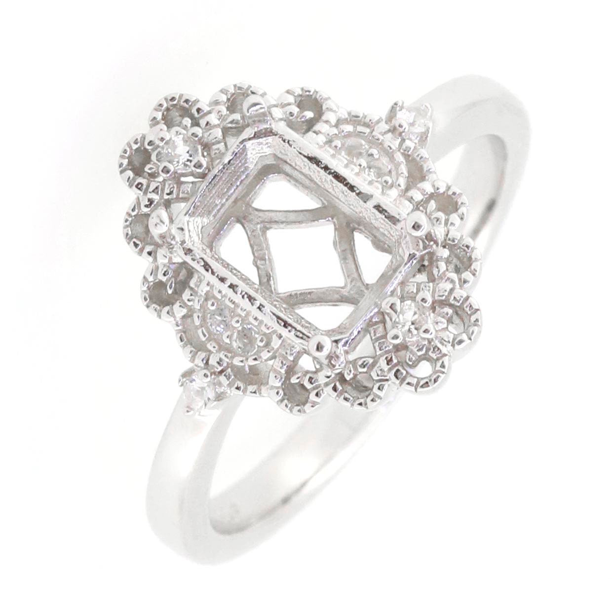 Art Deco style sterling silver semi mount ring setting with intricate detailing, designed for an emerald gemstone.