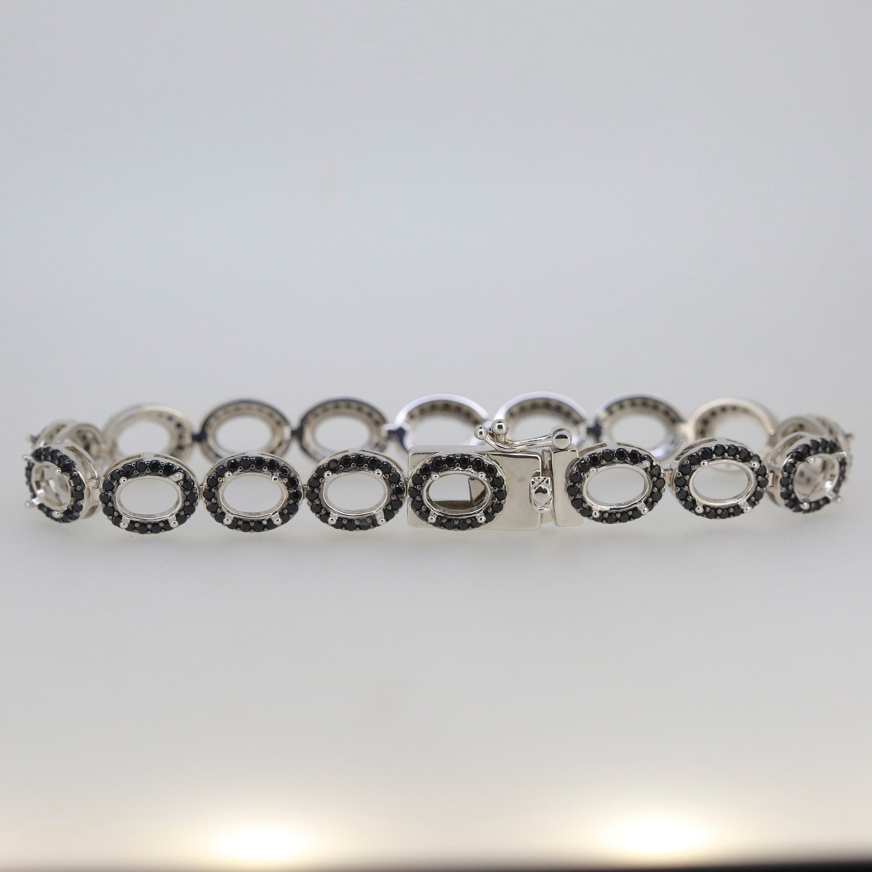 Sterling Silver Semi Mount Tennis Bracelet with Black Spinel Halo, elegant jewelry design, made to order, stainless steel tongue
