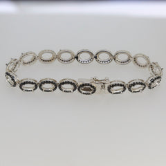Sterling Silver Semi Mount Tennis Bracelet with Black Spinel Halo Setting, Oval 8x6mm design, stainless steel tongue for durability.