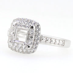 Sterling silver semi mount ring setting with princess square 5x5mm double halo and white topaz accents.